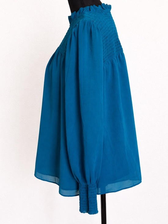 Ann Taylor Teal Smocked Blouse XL Ruffle Neck Long Sleeve Top - Picture 3 of 9